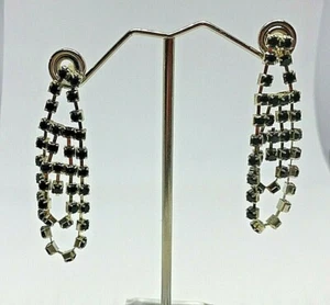 Vintage Silver Metal Black Crystal Beads Long Drop Earrings 1980' - Picture 1 of 5