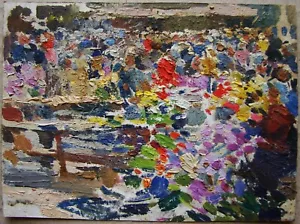 Ukrainian Soviet Oil Painting impressionism market flowers folks people - Picture 1 of 4