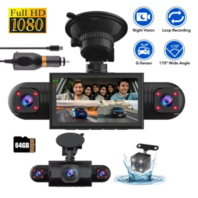 HD 1080P 360° Dash Cam 4 Channel Driving Recorder Car Front+Rear Camera+64GB TF