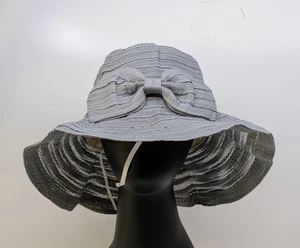 Gray Bow-Accent Bucket Hat Wide Brim Floppy Beach Summer Sun Hat w/ Chin Strap - Picture 1 of 7