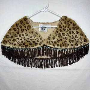 Storybook Knits Leopard Print Faux Fur Capelet Vest Turquoise Beaded Fringe M - Picture 1 of 7