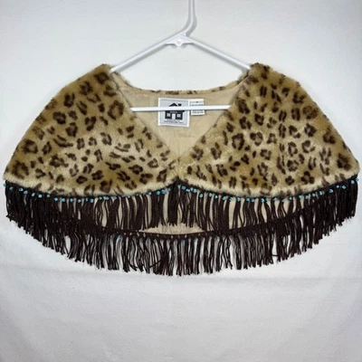 Storybook Knits Leopard Print Faux Fur Capelet Vest Turquoise Beaded Fringe M - Image 1 of 4