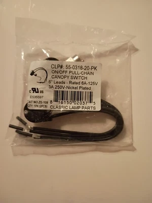 On/Off Pull-chain Canopy Switch 6A-125v / 3A-250v Nickel Plated 2 Pack - Image 1 of 2