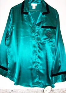 WOMENS PJ SATIN SILKY GREEN PAJAMA SET PANTS & TOP TAILORED COLLAR - MED - Picture 1 of 4