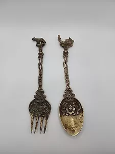 Vintage Ornate ITALIAN Brass Serving Set 1 Fork and 1 Spoon - Picture 1 of 10