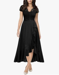 Miusol Women's V Neck Elegant Lace Ruffle Bridesmaid Maxi Dress (Black, L) - Picture 1 of 4