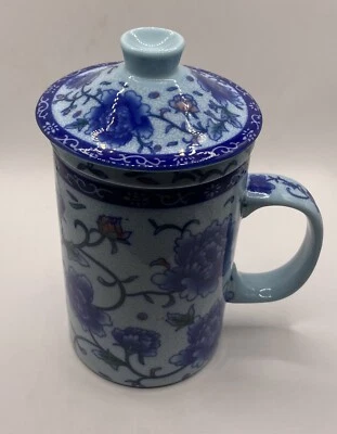 Taza infusora de té de hoja suelta de porcelana china floral azul rosa 3 piezas Foto 1 de 4