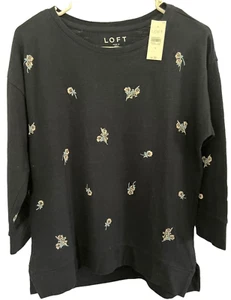 Loft Navy Blue Sweater Round Crew Neck Knit Floral New With Tags Size Small - Picture 1 of 8