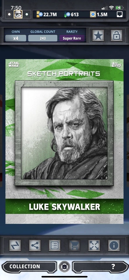 Topps Star Wars Digital Card Trader TLJ Sketch Portraits Luke Skywalker Insert - Image 1 of 1