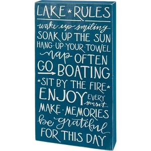 Decorative Wooden Box Sign Wall Décor - Blue & White Lake Rules 8x16 NEW - Picture 1 of 2