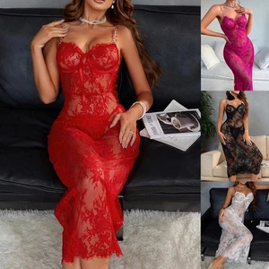 Spaghetti Strap Sheer Mesh Lace Maxi Dress with Floral Design for Women - Picture 1 of 32