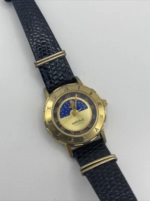 Watch-it Nelsonic Damas Mujeres Cuarzo Fase Lunar Reloj Correa Cuero Negro Dorado Foto 1 de 4