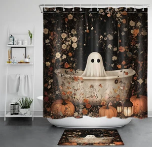Orange Flower Spooky Halloween Ghost Shower Curtain Bathroom Accessories Set - Picture 1 of 24
