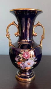 Vintage Greek Urn Vase Dark Blue and 24K Gold Handmade in Greece 7 1/2" Tall - Bild 1 von 8