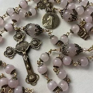 Rosario Ornato 4 Rose Crocifisso Quarzo Rosa Perline Bronzo Massiccio Santa Teresa - Foto 1 di 9