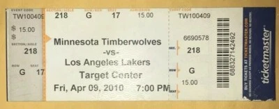 Kobe Bryant DNP NBA Ticket Stub Lakers Timberwolves Target Center 4/9/2010 - Image 1 of 2