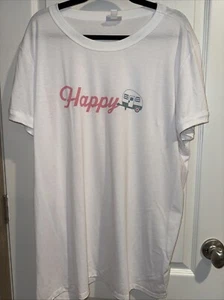 WOMENS SHIRT TUNIC-LULAROE-LIV TEE-POLY SPANDEX-WHITE HAPPY CAMPER SIZE 3XL - Picture 1 of 3