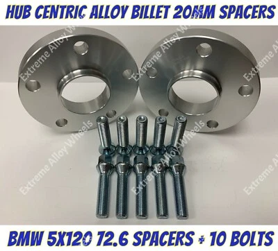 Alloy Wheel Spacers 20mm x 2 Bmw E36 E46 E90 E91 E92 E93 M12x1.5 Bolts 5x120 72- - Image 1 of 4