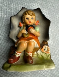 vintage WALES FIGURINE Japan 4” Little Girl w/ Umbrella & Apple - Picture 1 of 12