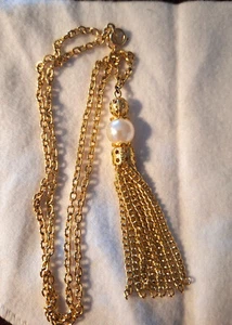 Vintage 24 Inch Gold Tone Tassel Necklace w White Faux Pearl - Picture 1 of 4