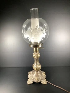 Antique Ornate Brass Banquet Lamp Frosted Glass Shade W/ Roses 3-Way Switch - Picture 1 of 13