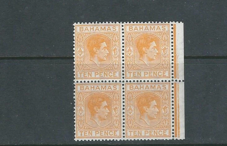 BAHAMAS 1938-48 KGVI definitive (SG 154c 10d yellow-orange) MNH blk/4 w/margin - Image 1 of 1