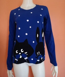 NE NET LONG SLEEVED POLKA DOT/CAT PRINT  KNIT TOP BLUE NAVY  SIZE 2 - Picture 1 of 7
