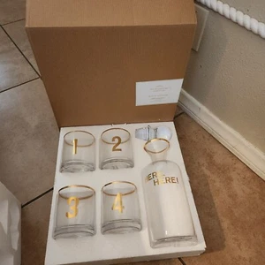 NEW 5PC Pottery Barn Emily Meritt Highball Cocktail Glasses Decanter SET Gold - Picture 1 of 7