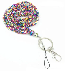 Multi color Crystal Seed Beaded Necklace LANYARD with Keychain for ID Badge  - Picture 1 of 29