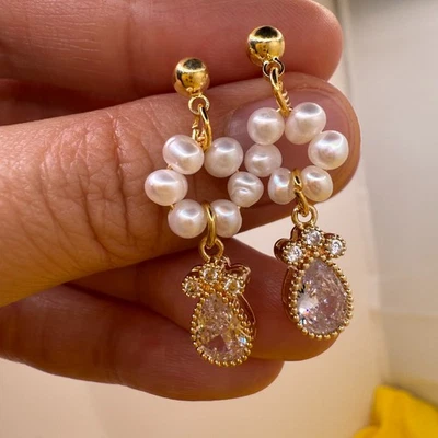 Natural Freshwater Pearl Earrings 14K Gold Plated Zircon Teardrop Jewelry Gift - image 1 of 4