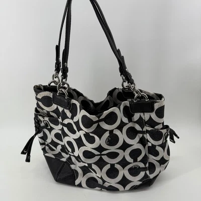 蔻驰 14573 Y2K Optic O 黑色白色帆布托特包皮革单肩包钱包 — 第 1/4 张图片