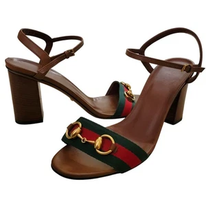 Gucci sandali vintage Horsebit a righe web pelle marrone tacco a blocco 9,5 39,5 - Foto 1 di 11