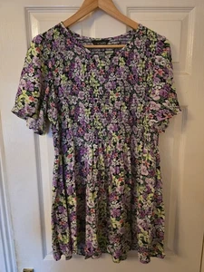 Yours Ditsy Flower Floral Dress Stretchy Ruched Top Womens Size 20 Purple Green - Picture 1 of 5