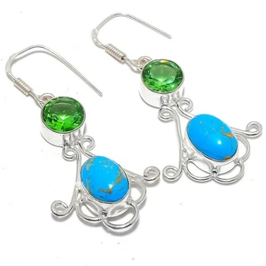 Copper Blue Turquoise & Peridot Silver Plated Jewelry Earring 2.3" LE-127 - Picture 1 of 4