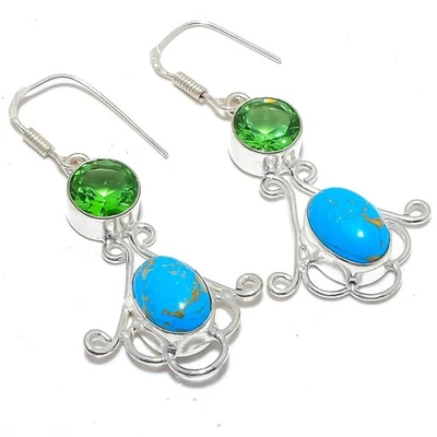 Copper Blue Turquoise & Peridot Silver Plated Jewelry Earring 2.3" LE-127 - Image 1 of 4