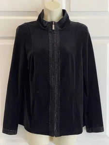 St. John Sport Black Velvet Velour Full Zip Crystal Embellished Jacket Luxury S - Picture 1 of 9