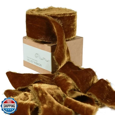 Brown Velvet Ribbon for Gift Wrapping - 1 1/2 Inch 3 Yards Handmade Silk Fabr - Image 1 of 4