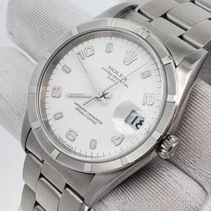 Rolex Date 34mm White Arabic Dial Engine Turned Bezel Steel Oyster Watch 15210 - Picture 1 of 7