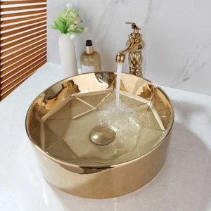 Golden Plated Ceramic Round Bathroom Combine Faucet Set Lavatory Washbasin Sink - Picture 1 of 23
