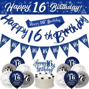 16th Birthday Decorations For Boys16th Birthday Banners Navy Blue Silver for Him - Picture 1 of 7