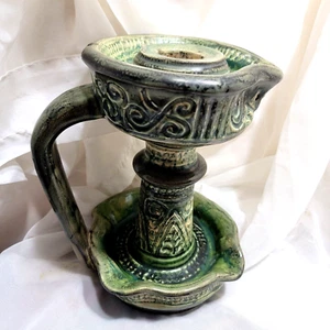 Aleluia Aveiro Ceramic Candle holder  9"  Portugal Etched Green Ceramic Pottery - Picture 1 of 7