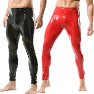 Men's Black/Red PVC Leather Leggings Tight Pants Dance Club Skinny Long Trousers - Picture 1 of 22