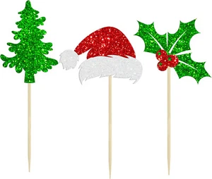12Pcs Christmas Santa Hat Cupcake Toppers Glitter Holly Leaves Berries Xmas Cake - Picture 1 of 6