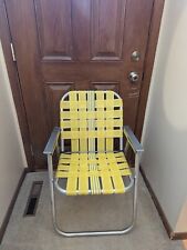 Vintage Folding Aluminum Webbed Lawn Chair Yellow With Blue Stripe 