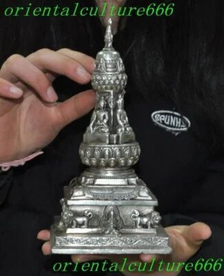 7.8" Templo Budista Tíbet Plata Tibetana Sakyamuni Buda Torre Estupa Estatua Foto 1 de 4