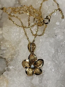 14K Yellow Gold Delicate Chain Necklace Signed Plumeria Flower Pendant with CZ - Picture 1 of 13