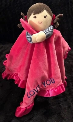 CARTERS Security Blanket/Lovey Brunette Girl Hot Pink “I Love You” - Image 1 of 4
