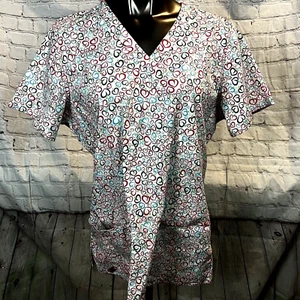 Life is Peachy 2LX White Multi Color Hearts Pockets V Neck Scrub - Picture 1 of 5