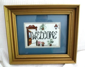 Framed Handmade Cross Stitch 14' x 11" "Welcome", Plexiglas face - Picture 1 of 4