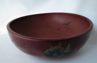 Cuenco de madera de laca japonesa vintage rojo negro pintura a mano escenas ensalada de Japón 12" Foto 1 de 4